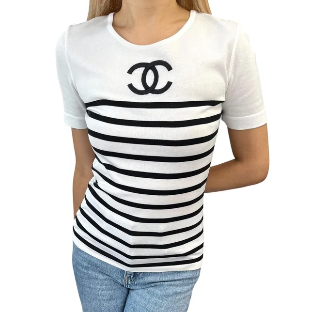 Chanel Vintage CC Logo Stripe Short Sleeve Top #36 Black White Cotton Shirt in Black from Luxury Promise