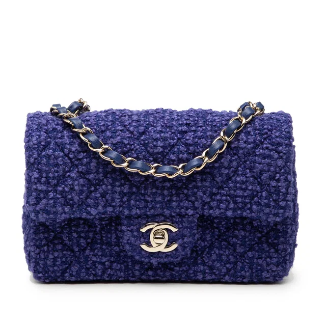 Blue Chanel Mini Rectangular Classic Tweed Single Flap Crossbody Bag in Blue Tweed from Designer Revival