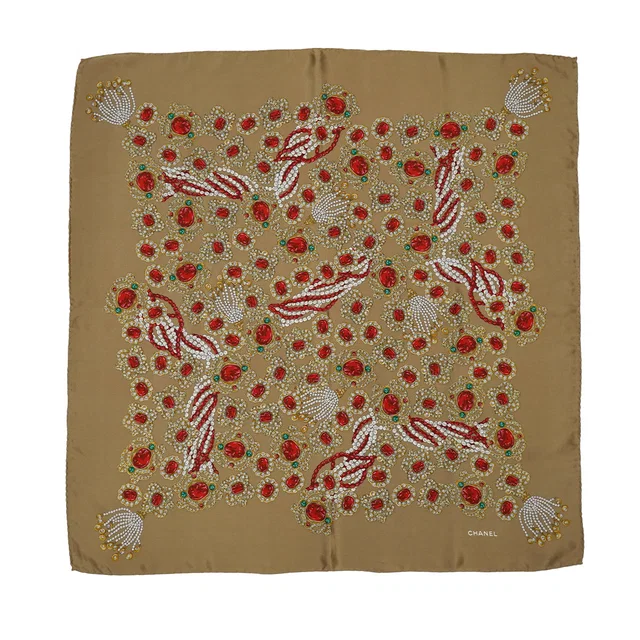 Chanel Vintage Jewelry Pattern Scarf Beige Silk in Beige Silk from Luxury Promise