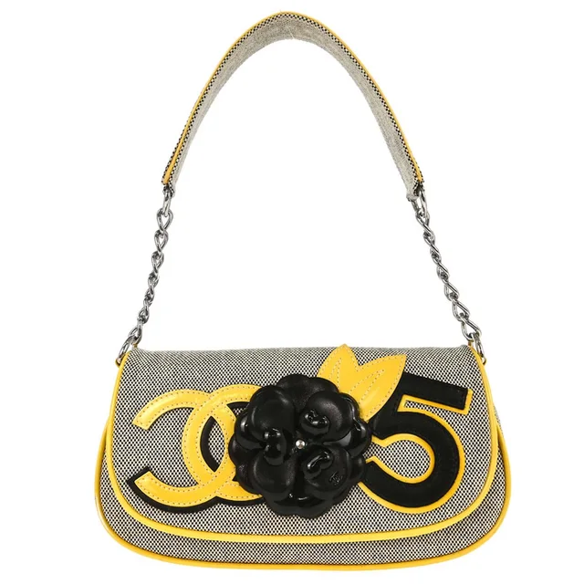 Chanel 2005-2006 Black Yellow Canvas Camellia No.5 CC Handbag in Black Canvas from AMORE Vintage Tokyo