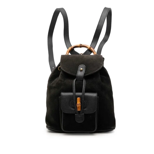 Black Gucci Suede Bamboo Drawstring Backpack in Black Suede from Designer Revival