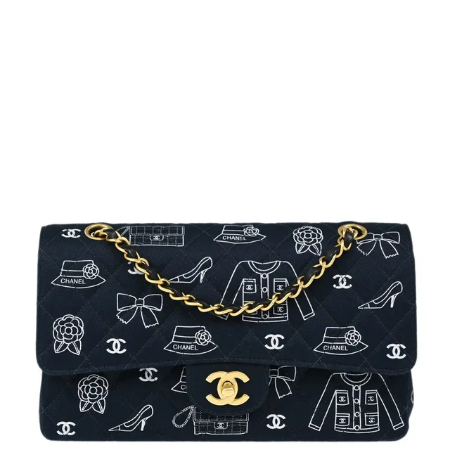 Chanel 2001-2003 Navy Canvas Medium Classic Double Flap Shoulder Bag in Navy Canvas from AMORE Vintage Tokyo