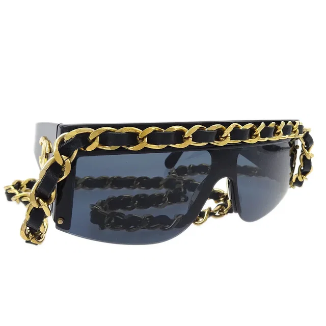 Chanel Chain Sunglasses Eyewear Black Small Good in Black Resin from AMORE Vintage Tokyo