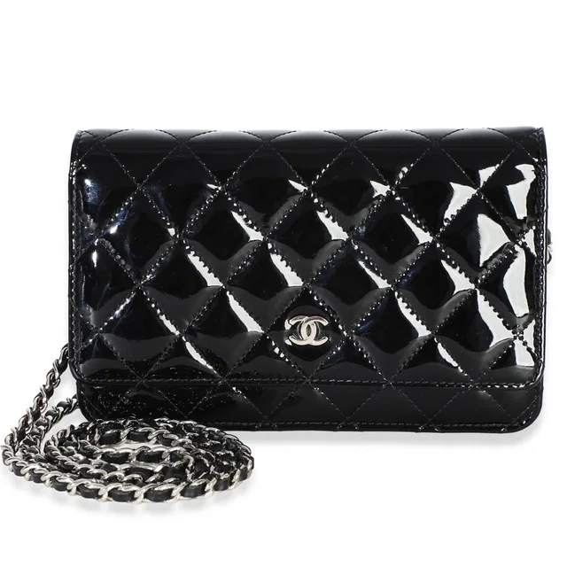 Chanel Black Quilted Patent Classic Wallet On Chain in Black Patent leather from myGemma