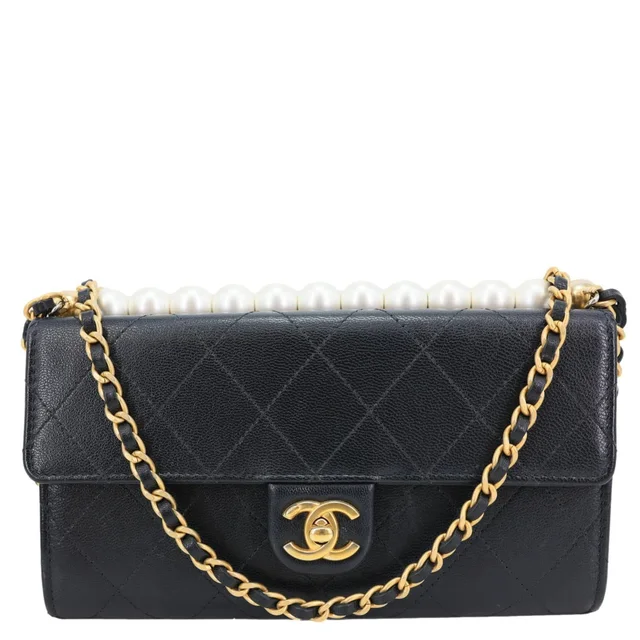 Chanel Chic Pearls Quilted Goatskin Leather Clutch On Chain Black in Black Goatskin from Dallas Designer Handbags
