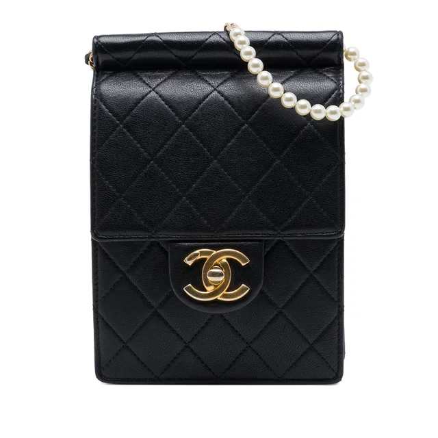 Black Chanel Quilted Lambskin Vertical Chic Pearls Flap Crossbody Bag in Black Lambskin from Designer Revival