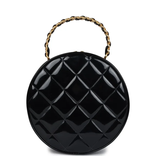Chanel Vintage Round Vanity Bag Black, White Patent Leather Antique Gold Hardware in Black Patent leather from Madison Avenue Couture, photo 4 of 9