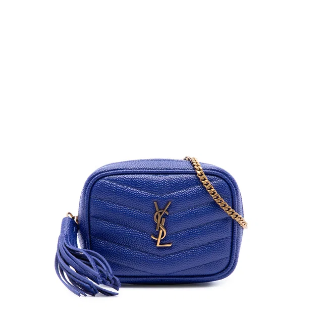 Blue Saint Laurent Baby Chevron Grain De Poudre Monogram Lou Camera Bag in Blue Leather from Designer Revival