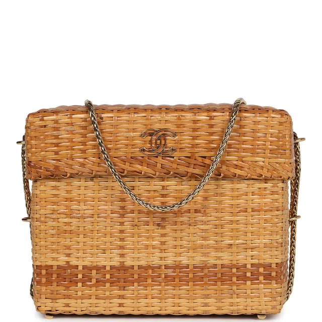 Chanel Vintage Small Picnic Basket Bag Natural Wicker Gold Hardware in Beige Raffia from Madison Avenue Couture