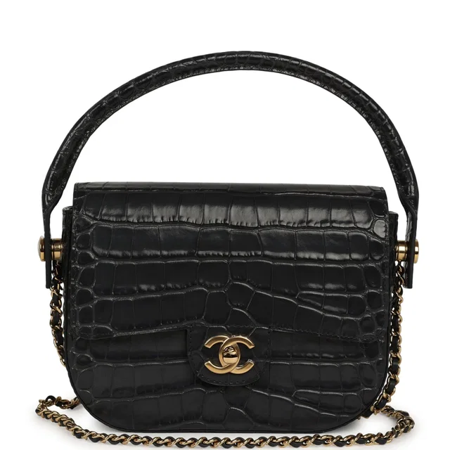 Chanel Mini Top Handle "Turn Around" Flap Dark Grey Croc Embossed Calfskin Gold Hardware in Grey Calfskin from Madison Avenue Couture