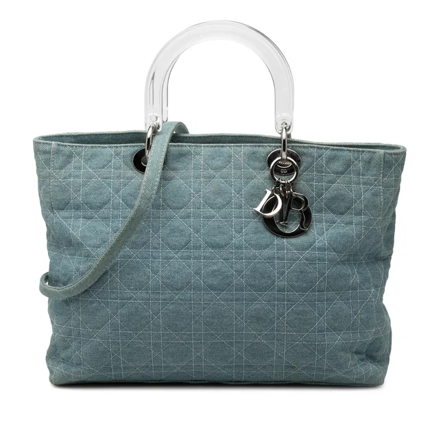 Blue Dior Large Denim Cannage Acrylic Handles Lady Dior Satchel in Blue Denim from Designer Revival