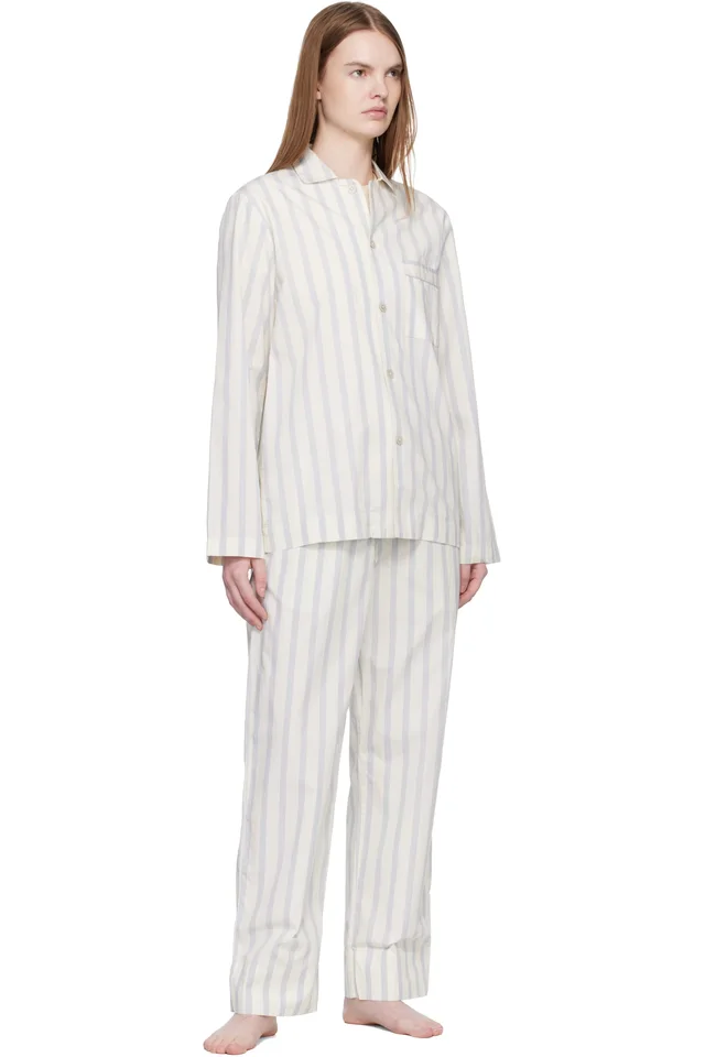 Tekla Off-White & Blue Poplin Pyjama Pants, photo 4 of 4 from SSENSE
