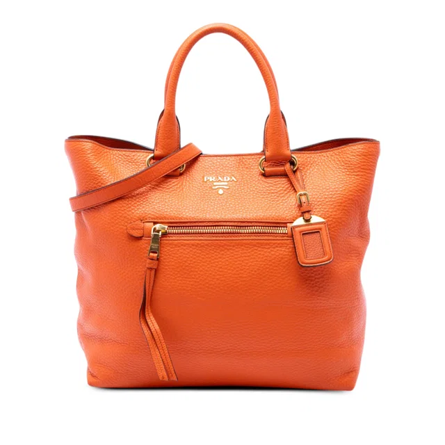Orange Prada Vitello Daino Front Pocket Open Convertible Tote Satchel in Orange Leather from Designer Revival