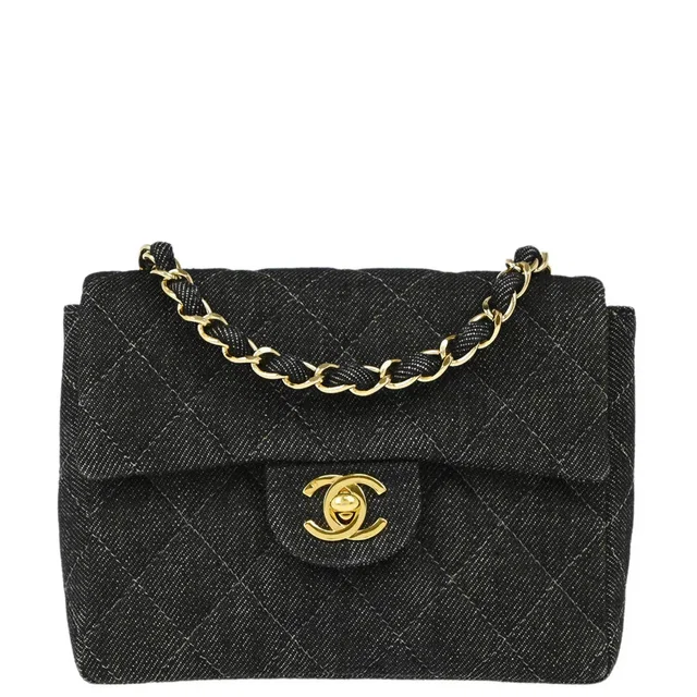 Chanel 1997-1999 Black Denim Mini Classic Square Flap Shoulder Bag 17 in Black Denim from AMORE Vintage Tokyo