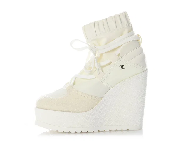 Chanel Off-White Tweed, Nylon, and Leather Runway Wedge Platform Boots in White Nylon from Ann's Fabulous Finds
