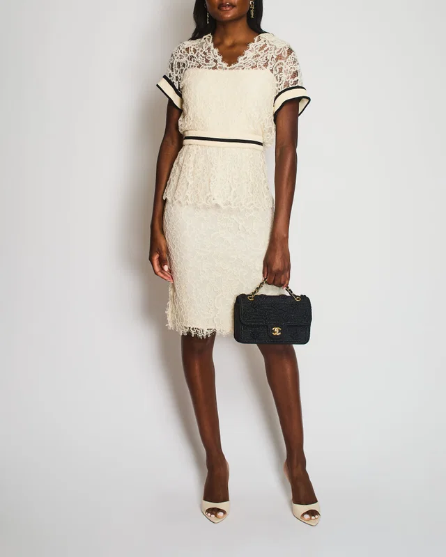 Chanel Ivory Short Sleeve Tiered Lace Midi Dress with Ribbed Waist Detail Size FR 38 (UK 10) in White Silk from Sellier