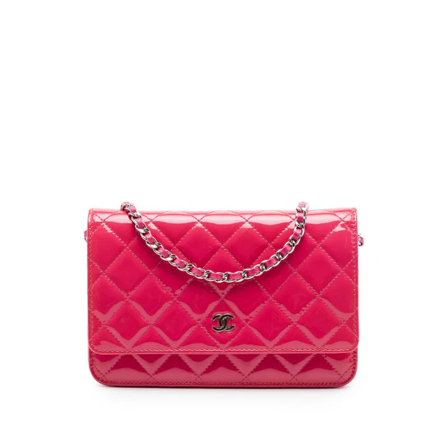 Pink Chanel CC Quilted Patent Wallet on Chain Crossbody Bag in Pink Patent leather from Designer Revival