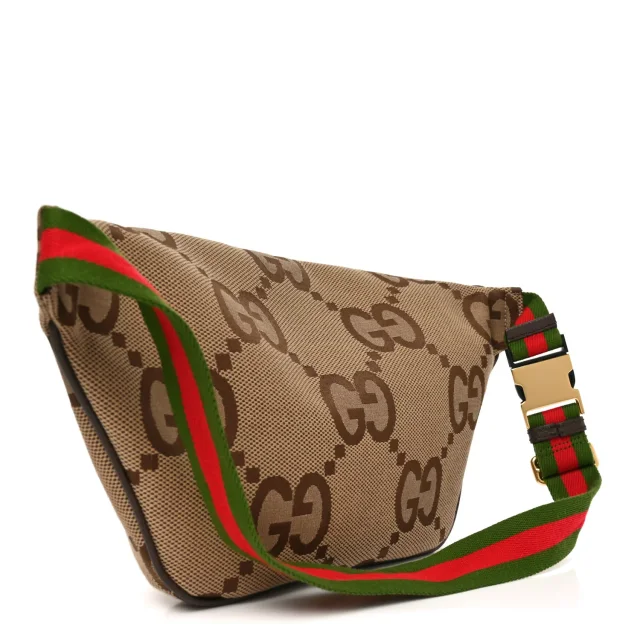 Gucci Monogram Jumbo GG Textured Dollar Calfskin Web Belt Bag Camel Ebony New Acero in Brown Calfskin from FASHIONPHILE, photo 3 of 10