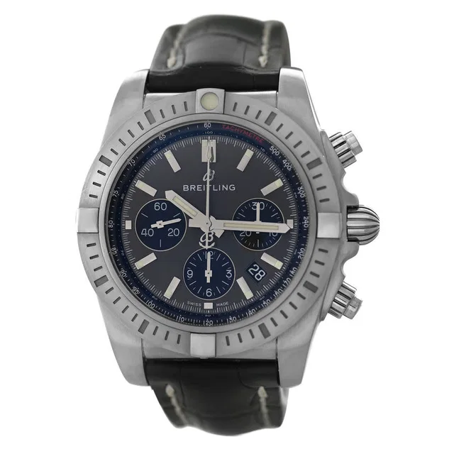 Breitling Chronomat Chronograph Automatic Chronometer Black Dial Mens Watch AB0115 in silver|black|gray Leather from Jomashop.com