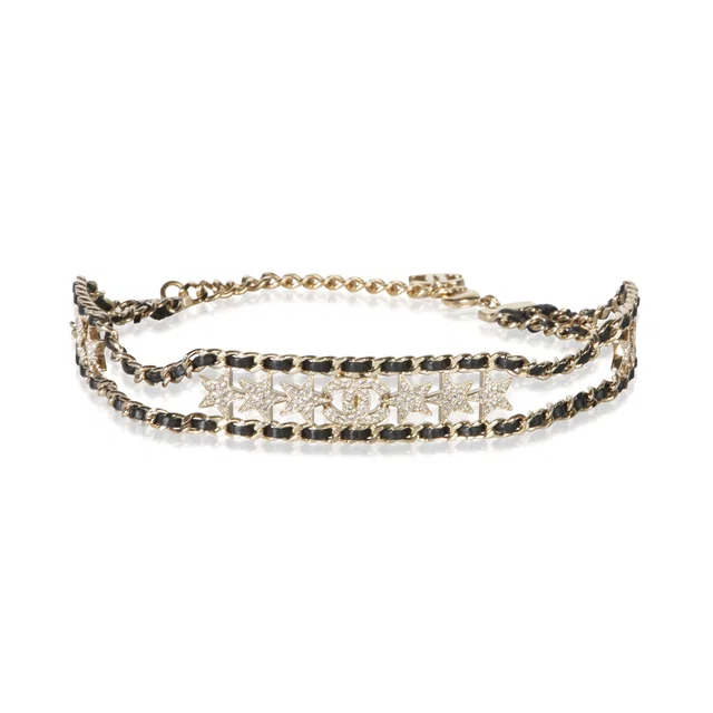 Chanel Gold-Plated 2023 Leather & Strass Choker Necklace in Gold Leather from myGemma