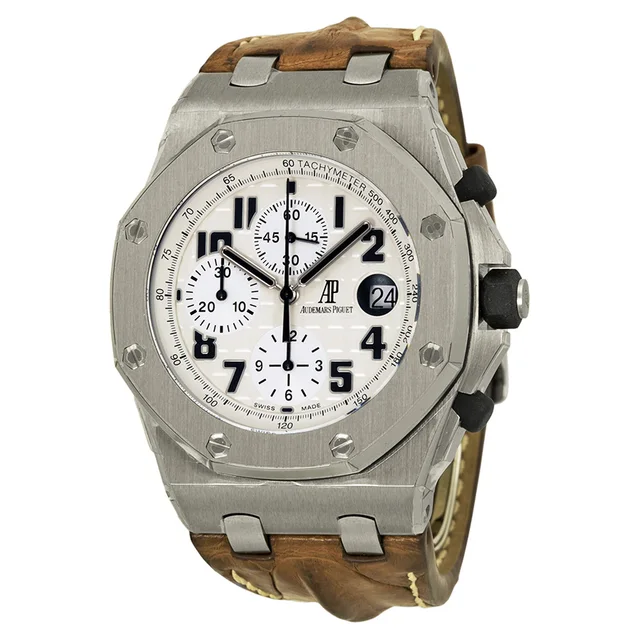 Audemars Piguet Royal Oak Offshore Chronograph Silver (Waffle Design) Dial Mens Watch 26170ST.OO.D091CR.01 in brown|silver|gray|red|black Leather from Jomashop.com