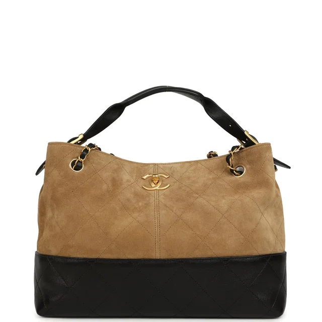 Chanel Small Coco Base Hobo Bag Brown Suede and Black Shiny Lambskin Brushed Gold Hardware in Black Lambskin from Madison Avenue Couture