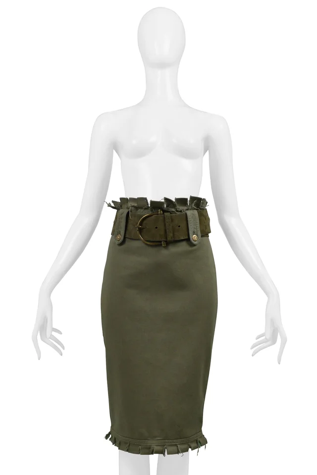 Alexander McQueen Olive Frayed Skirt Ss 2003 in Green from Resurrection Vintage