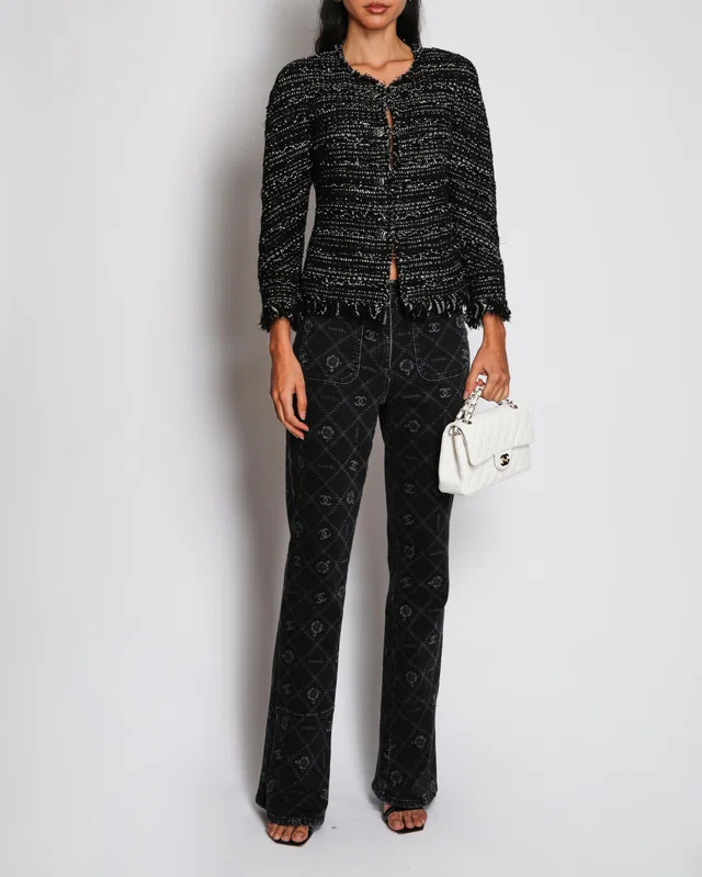 Chanel 13S/S Black and White Collarless Textured Jacket with Metallic Black D CC Buttons and Pocket… in Black Silk from Sellier