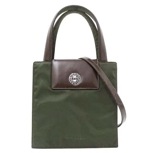 Bvlgari 2-Way Shoulder Bag Classico Leather Canvas Khaki Green Handle Simple in Green Canvas from The Reluxe