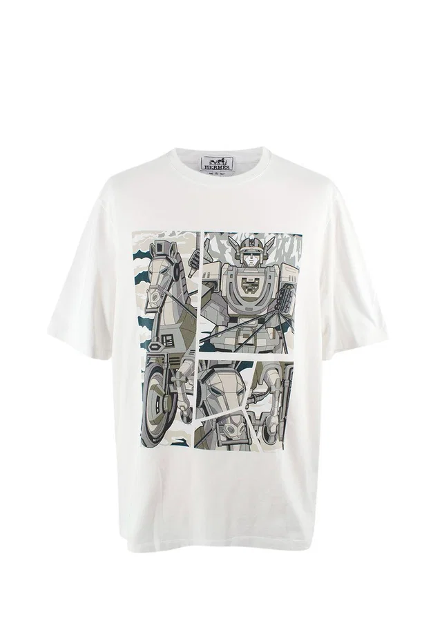 Hermès White Mega Chariot Print Cotton T-Shirt in White from HEWI