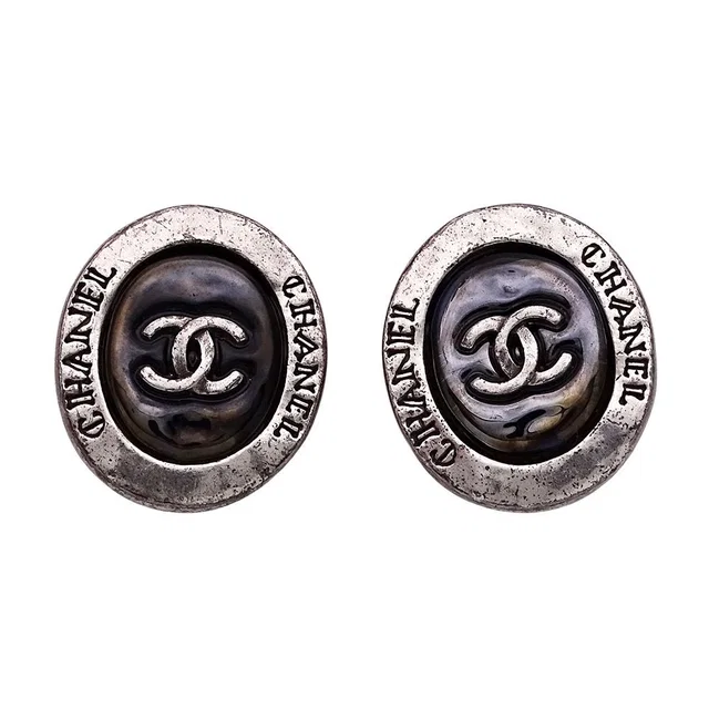 Chanel Earrings Black Silver CC Logo Oval Large in Black from The Reluxe