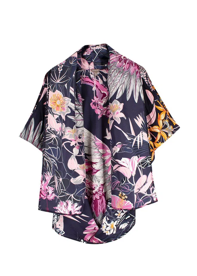Hermès Navy and Pink Floral Print Silk Lightweight Open Scarf Blouse in Navy Silk from HEWI