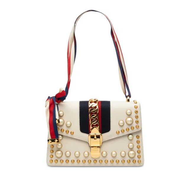 White Gucci Small Studded and Pearl Embellished Calfskin Web Sylvie Satchel in White Calfskin from Designer Revival