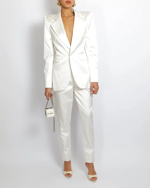 Saint Laurent White Silk Jacket and Trouser Suit Set Size FR 38 (UK 10) in White Silk from Sellier