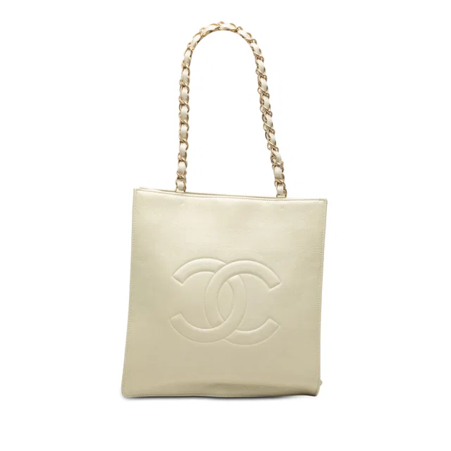 White Chanel Shiny Aged Calfskin North South Shopping Tote in White Calfskin from Designer Revival