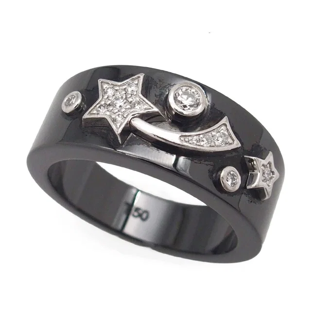 Chanel Cosmic Comet Ring Black White Gold Ceramic 18K Star Pave Diamond in Black Ceramic from The Reluxe