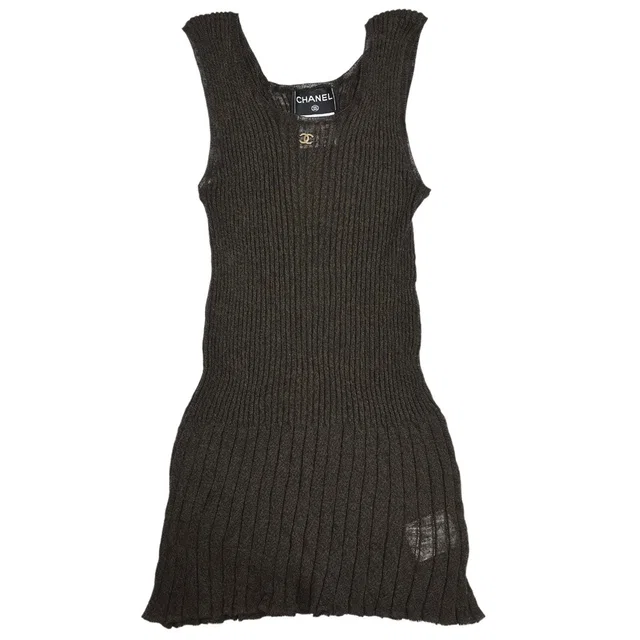Chanel 1999 Ribbed Dress Brown #38 in Brown Nylon from AMORE Vintage Tokyo