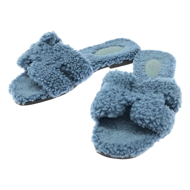 Hermès Oran Shearling Blue Sandals in Blue from The Reluxe