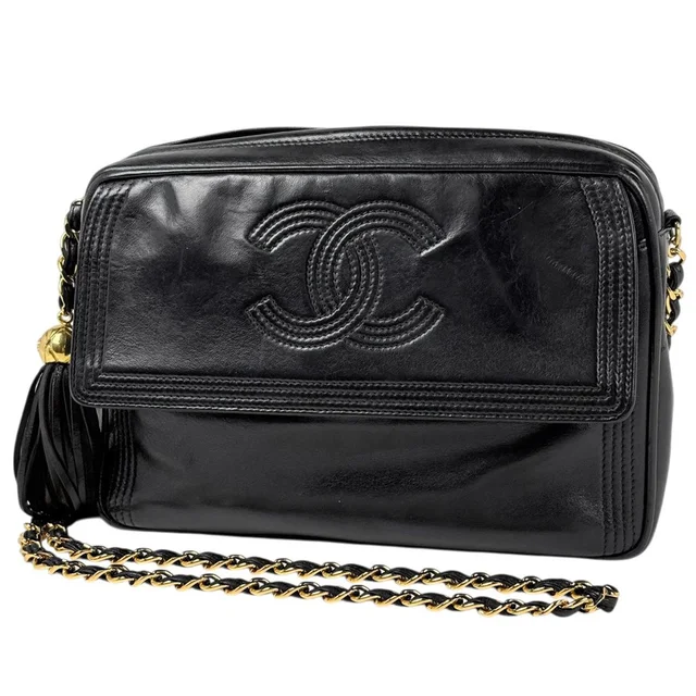 Chanel CC Logo Fringe Chain Shoulder Bag Tassel Leather Black in Black Leather from The Reluxe