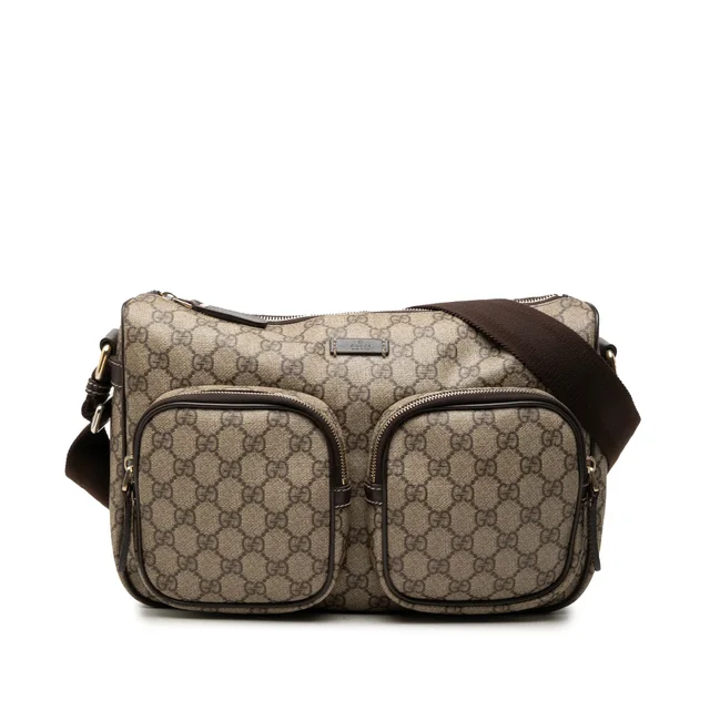 Beige Gucci GG Supreme Double Pocket Crossbody in Beige Coated canvas from Designer Revival