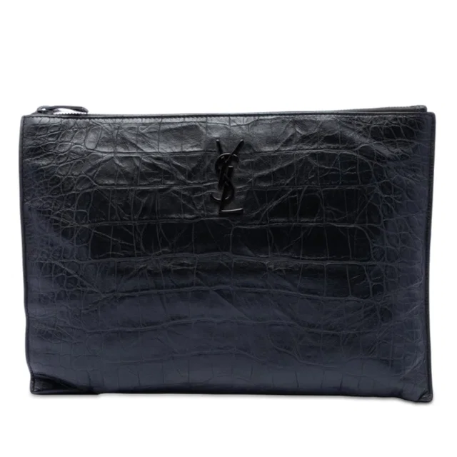 Black Saint Laurent Croc Embossed Leather Monogram Document Holder Clutch Bag in Black Crocodile from Designer Revival
