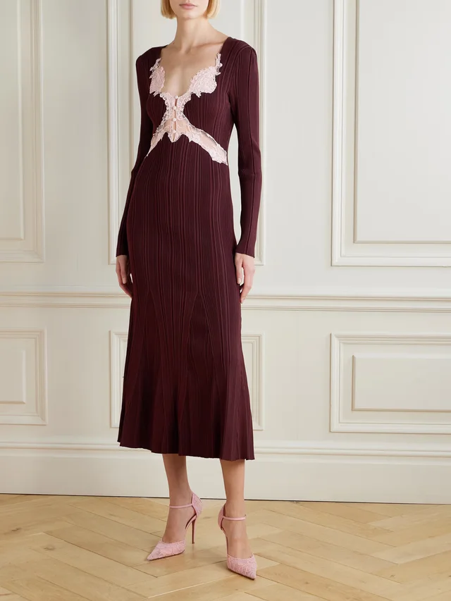 SELF-PORTRAIT Lace-trimmed ribbed-knit midi dress in Brown, photo 2 of 2 from NET-A-PORTER (Canada)