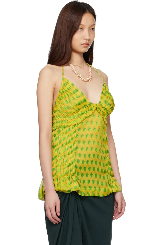 Dries Van Noten Yellow & Green Optical Polka Dot Silk Halter Top, photo 2 of 4 from SSENSE