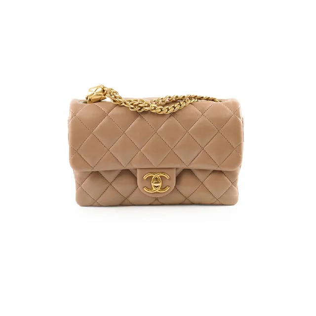 Chanel Seasonal Flap Dark Beige Microchip in Beige Lambskin from The Purse Affair