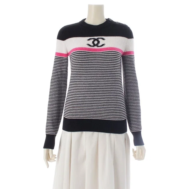 Chanel CC Logo Border Knit Long Sleeve Sweater Top Black White Pink 36 in Black from The Reluxe