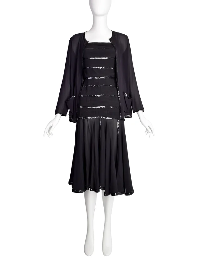 Chanel Vintage AW 1983 Rare Black Pleated Silk Sequin Dress and Jacket Ensemble Set in Black Silk from Amarcord Vintage Fashion