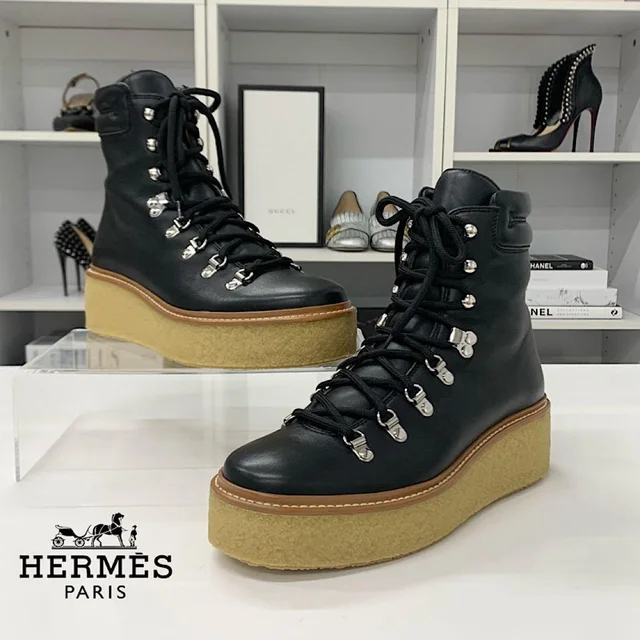 Hermès Discovery Leather Lace-up Platform Short Boots Black from The Reluxe