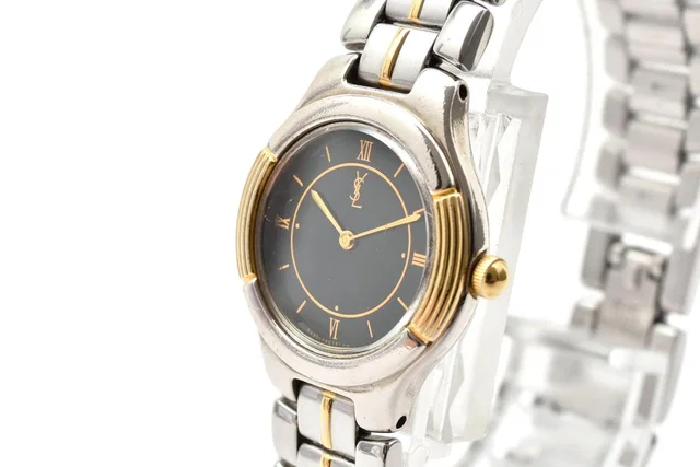 Saint Laurent Yves Quartz Duo Black Dial Roman Numerals Watch in Black from The Reluxe