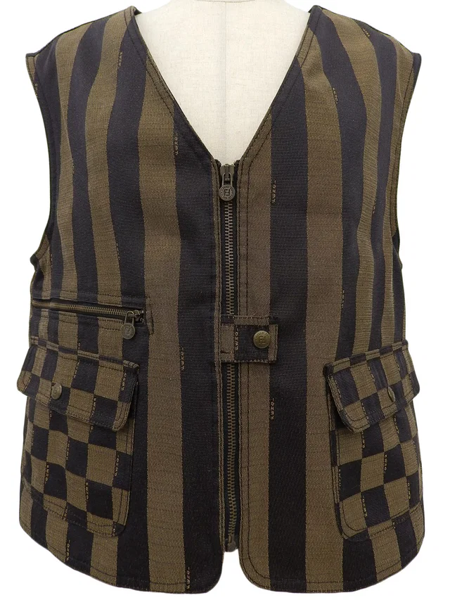 Fendi Pecan Pattern Logo Button Vest Brown/Black in Black from VINTAGE QOO TOKYO