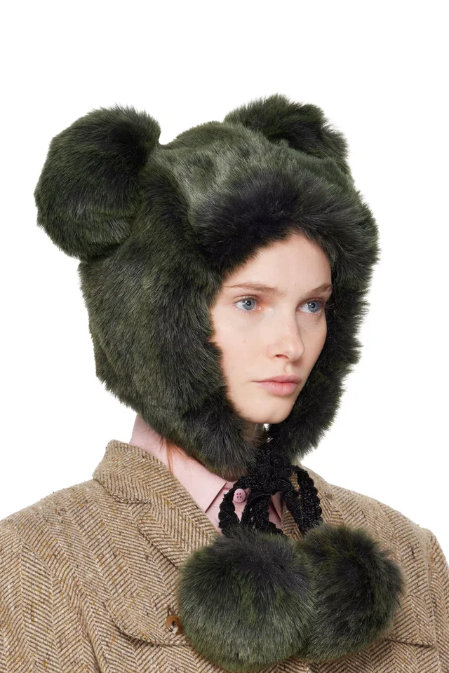 Anna Sui SSENSE Exclusive Green Faux Fur Teddy Bear Hat, photo 2 of 3 from SSENSE